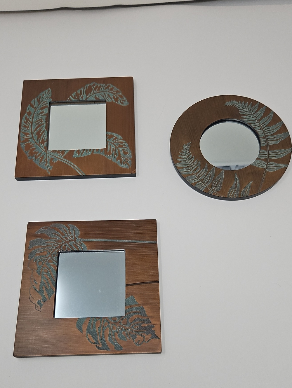 Faux Wood Wall Mirror Trio with Teal Leaf Accent - Unbranded